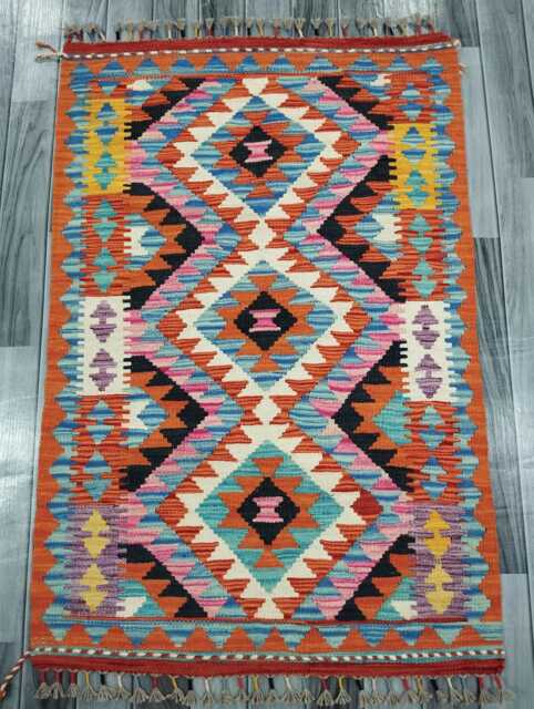 Colourful Kilim Rug, Handmade Artisan Afghan Turkish Scandinavian Navajo Bohemian Flatweave Wool Multicolour Rug 125x83 cm - image 1