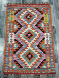 Colourful Kilim Rug, Handmade Artisan Afghan Turkish Scandinavian Navajo Bohemian Flatweave Wool Multicolour Rug 125x83 cm - thumbnail 1