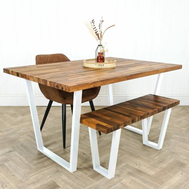Solid Walnut Dining Table With Reverse Trapezium Style Raw Steel Legs - image 1