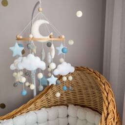 Moon, Stars & Clouds Mobile, Blue Baby Mobile Boy, Minimalist Crib Felt Balls Grey Nursery Baby Boy Decor