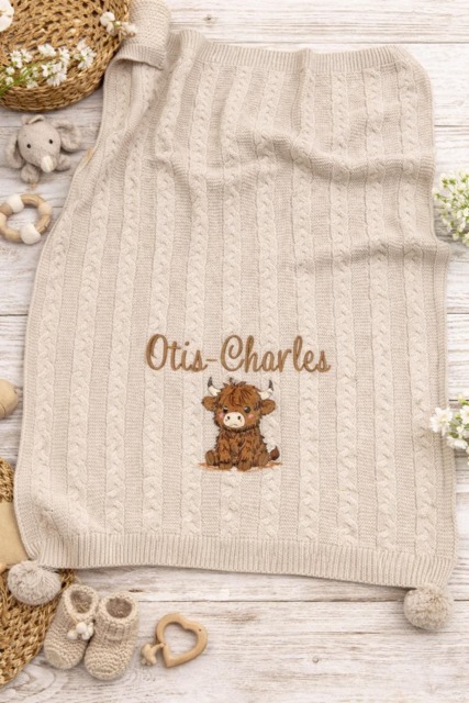 Personalized Highland Cow Baby Blanket With Pom Poms - Knit Effect in A Choice Of Colours - image 1