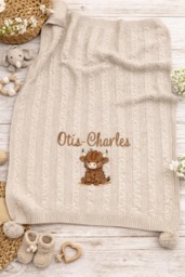 Personalized Highland Cow Baby Blanket With Pom Poms - Knit Effect in A Choice Of Colours - thumbnail 1