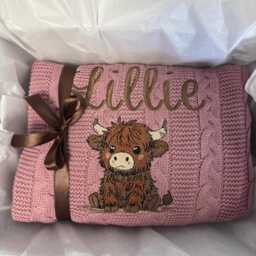 Personalized Highland Cow Baby Blanket With Pom Poms - Knit Effect in A Choice Of Colours - thumbnail 3