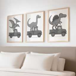Fun Dino Truck Wall Art Set - Dinosaurs in Construction Vehicles 3 A4 Unframed Nursery Prints Gift For Kids Or Toddler Bedroom - thumbnail 1