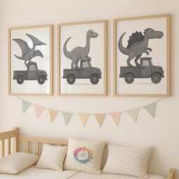 Fun Dino Truck Wall Art Set - Dinosaurs in Construction Vehicles 3 A4 Unframed Nursery Prints Gift For Kids Or Toddler Bedroom - thumbnail 2