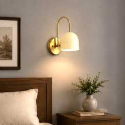 Modern Brass Dome Wall Sconce - Minimalist Curved Arm Light Fixture - thumbnail 3