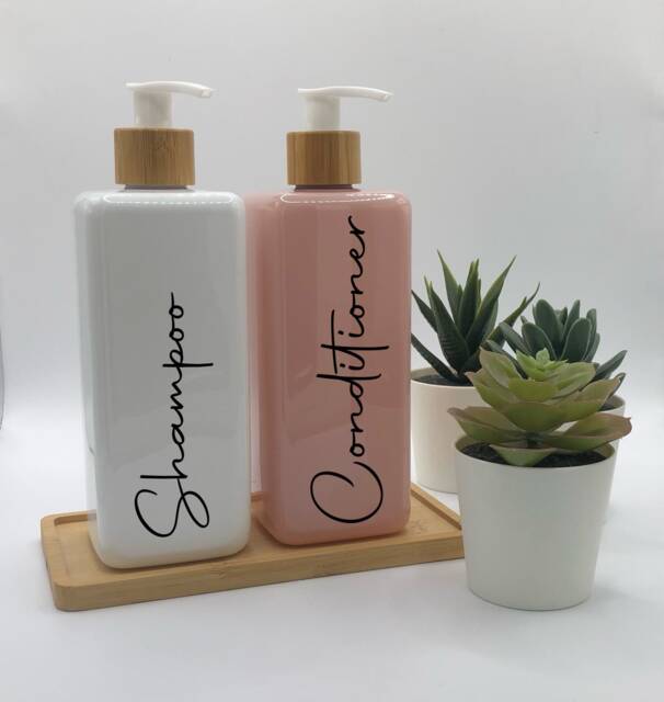 Personalised Pink & White Square Soap Dispenser Bottle With Bamboo Pump - 250Ml + 500Ml - image 1