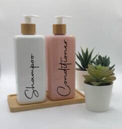 Personalised Pink & White Square Soap Dispenser Bottle With Bamboo Pump - 250Ml + 500Ml - thumbnail 1