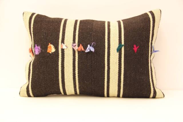 Kilim Lumbar Pillow Cover, Turkish Wool Cushion, Boho Throw 16x24 - image 1