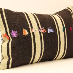 Kilim Lumbar Pillow Cover, Turkish Wool Cushion, Boho Throw 16x24 - thumbnail 2