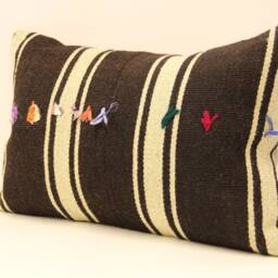 Kilim Lumbar Pillow Cover, Turkish Wool Cushion, Boho Throw 16x24 - thumbnail 3