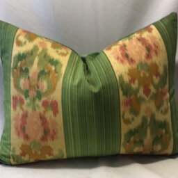 Sanderson Inspired Green Lumbar Cushion Linen Mix Floral Stripe Velvet Back - thumbnail 1