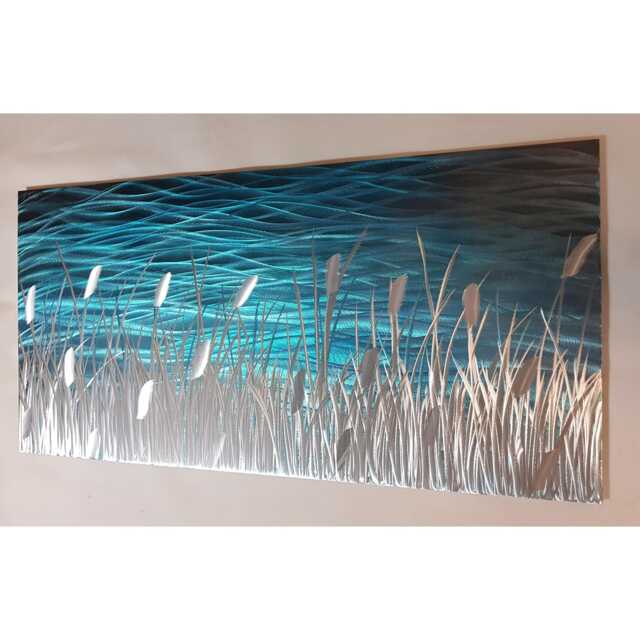 Modern Abstract Metal Lake Art, Teal Grey Silver Wall Decor, Indoor Outdoor - image 1