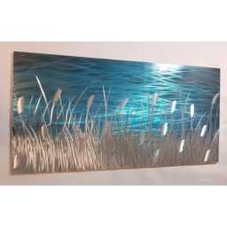 Modern Abstract Metal Lake Art, Teal Grey Silver Wall Decor, Indoor Outdoor - thumbnail 2