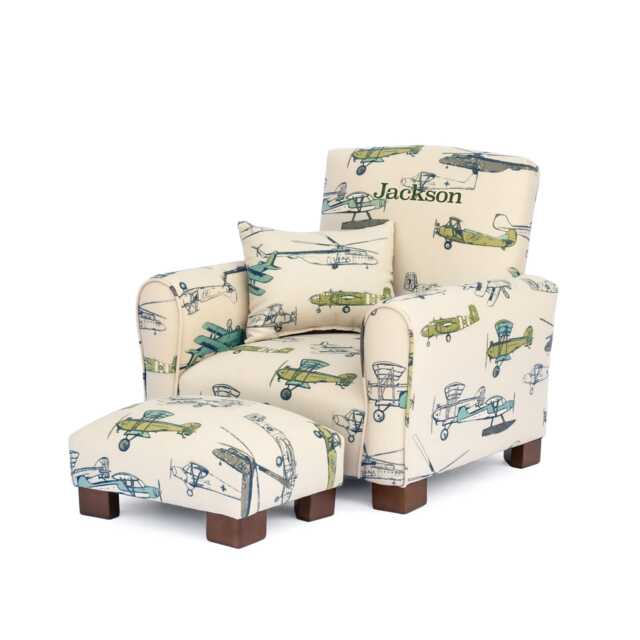 Personalized Childs Rocking Chair/Toddler Armchair - Vintage Airplanes - Green/Blue - image 1