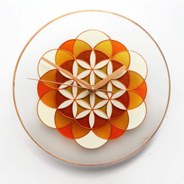 Flower Of Life Big Glass Clock With Orange Colours Hand Painted On Tempered - image 1