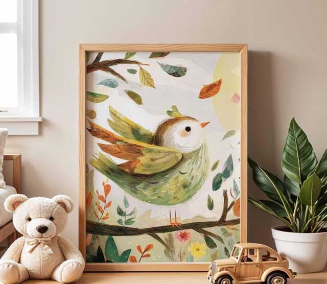 Bird Nursery Poster - Green Songbird Wall Art Cute Baby Room, Kids Bedroom Or Playroom Animal Illustration Print - image 1