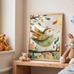 Bird Nursery Poster - Green Songbird Wall Art Cute Baby Room, Kids Bedroom Or Playroom Animal Illustration Print - thumbnail 3