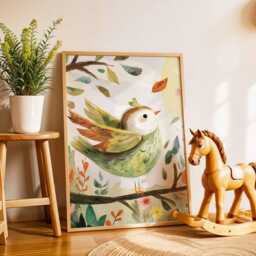 Bird Nursery Poster - Green Songbird Wall Art Cute Baby Room, Kids Bedroom Or Playroom Animal Illustration Print - thumbnail 2
