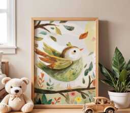 Bird Nursery Poster - Green Songbird Wall Art Cute Baby Room, Kids Bedroom Or Playroom Animal Illustration Print - thumbnail 1