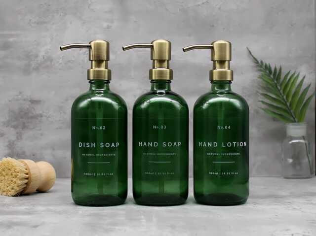 Refillable Green Glass Soap Dispenser For Hand Wash, Dish Soap, Lotion With Brass Gold Metal Pump Top - Reusable, Eco-Friendly