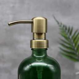 Refillable Green Glass Soap Dispenser For Hand Wash, Dish Soap, Lotion With Brass Gold Metal Pump Top - Reusable, Eco-Friendly - thumbnail 2