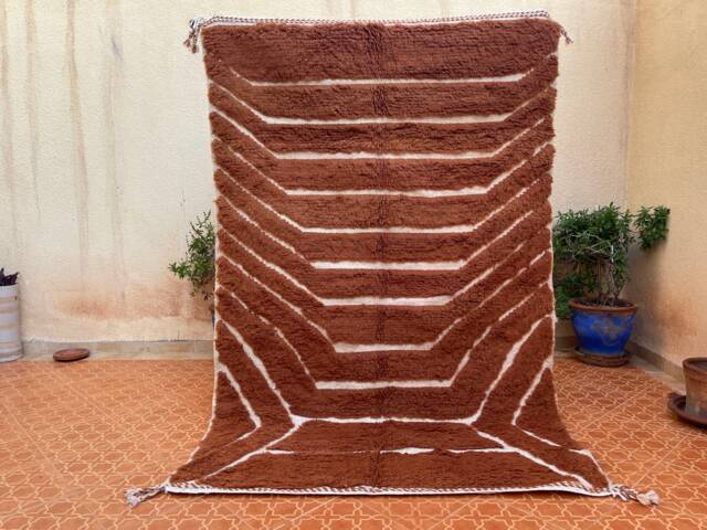 Embossed Brown Wool Rug Handknotted Moroccan Tribal Rug - 5 X 7.11 Ft - image 1