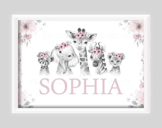 Personalised Safari Animal Zoo Jungle Girl Print Unframed Birth Gift New Baby Keepsake Lion Elephant Giraffe Zebra Pink Flowers