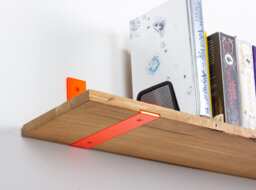 Oak Bookcase, Hanging Shelf, Kitchen Shelves, Neon Orange Bracket