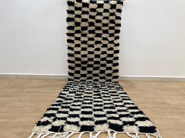 Moroccan Hallway Rug 2.5x8.2 Ft , Handmade Checkered Runner Rug Black & White Moroccan Beni Ourain Genuine Wool - image 1
