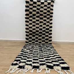 Moroccan Hallway Rug 2.5x8.2 Ft , Handmade Checkered Runner Rug Black & White Moroccan Beni Ourain Genuine Wool - thumbnail 4