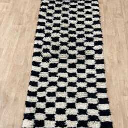 Moroccan Hallway Rug 2.5x8.2 Ft , Handmade Checkered Runner Rug Black & White Moroccan Beni Ourain Genuine Wool - thumbnail 3