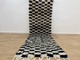 Moroccan Hallway Rug 2.5x8.2 Ft , Handmade Checkered Runner Rug Black & White Moroccan Beni Ourain Genuine Wool - thumbnail 1