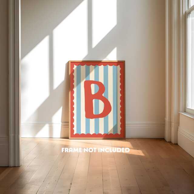 Personalised Boys Initial Print, Circus Theme Bedroom, Retro Nursery, Toddler Wall Art, Colourful Kids Decor, Red Blue Stripe Scallop - image 1