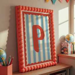 Personalised Boys Initial Print, Circus Theme Bedroom, Retro Nursery, Toddler Wall Art, Colourful Kids Decor, Red Blue Stripe Scallop - thumbnail 3