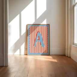 Personalised Boys Initial Print, Circus Theme Bedroom, Retro Nursery, Toddler Wall Art, Colourful Kids Decor, Red Blue Stripe Scallop - thumbnail 2