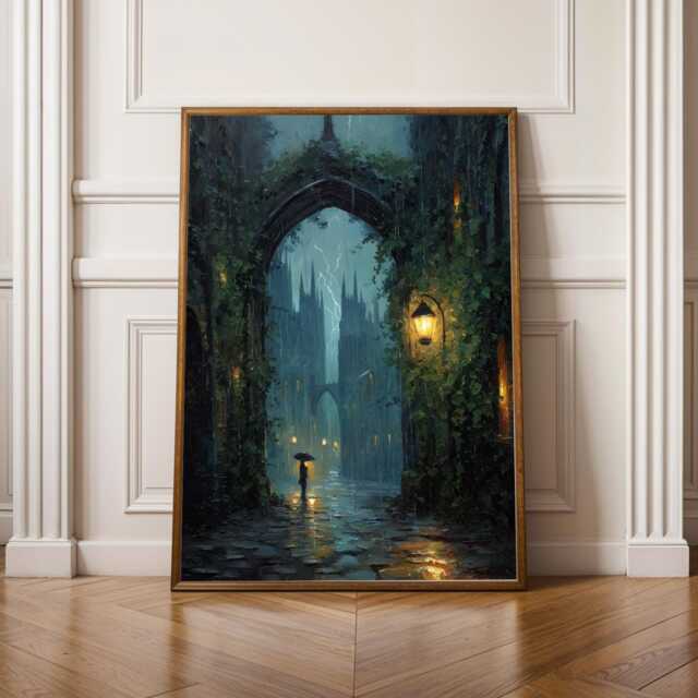 Dark Academia Print, Gothic Architecture Storm, Art Teal & Navy Decor, Living Room Wall Art, Gift For Coworker - image 1