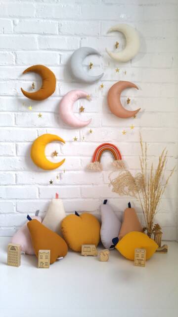 Handmade Crescent Moon Wall Hanging - Celestial Nursery Decor With Gold Stars, Custom Color Baby Mobile 23 Colors - image 1