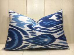 Silk Ikat Pillow Cover, Handwoven Style Cushion, Blue Accent - 16x24 - thumbnail 1