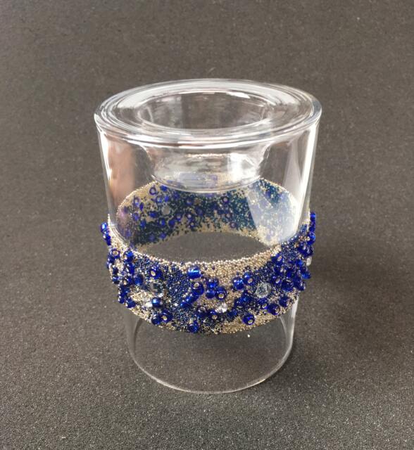 Blue Beaded Clear Glass Tealight Candle Holder For Valentine's Day Christmas Table Gift Holiday Anniversary Wedding - Winter Festive - image 1