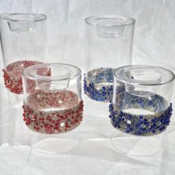 Blue Beaded Clear Glass Tealight Candle Holder For Valentine's Day Christmas Table Gift Holiday Anniversary Wedding - Winter Festive - thumbnail 3