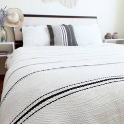 Black Striped Handwoven Cotton Turkish Fall Winter Blanket-Natural Cream Coverlet-Bed Cover-Sofa Or Couch Cover-Boho -Chrismas Gift - thumbnail 2