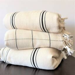 Black Striped Handwoven Cotton Turkish Fall Winter Blanket-Natural Cream Coverlet-Bed Cover-Sofa Or Couch Cover-Boho -Chrismas Gift - thumbnail 3