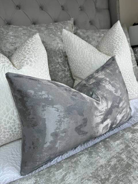 Metallic Grey Luxury Pillow Cover, Rectangle Bolster Cushion Cover For Bed Or Sofa, Decorative Scatter Designer Tessere Pewter - image 1