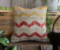 40cm - 16Inch Handwoven Kilim Pillow Cover - Orange Red Yellow Motifs On Grey Background 2