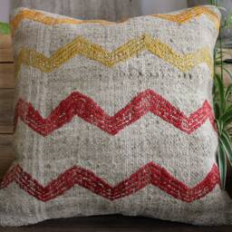 40cm - 16Inch Handwoven Kilim Pillow Cover - Orange Red Yellow Motifs On Grey Background 2 - thumbnail 2