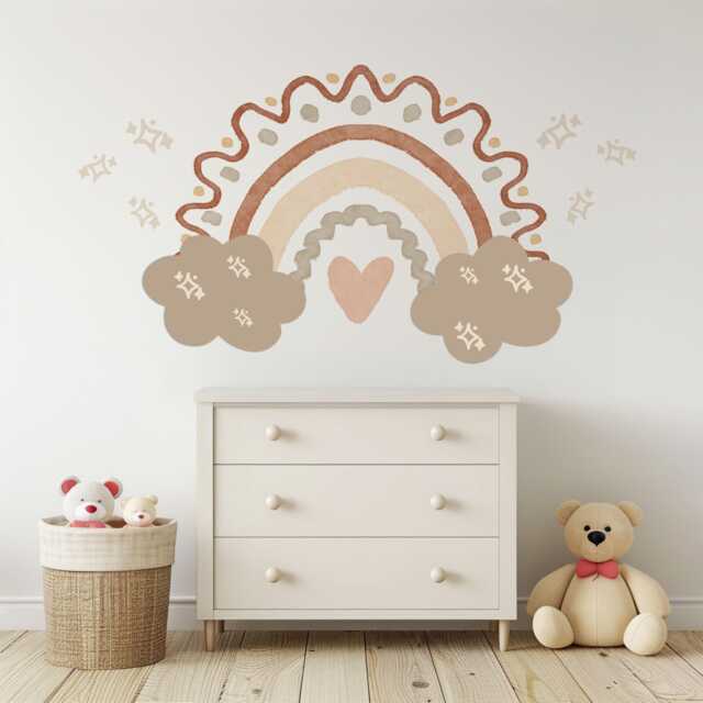 Boho Rainbow Wall Stickers Neutral Nursery Decals - Beige Decor Cloud & Sparkle Peel & Stick - image 1
