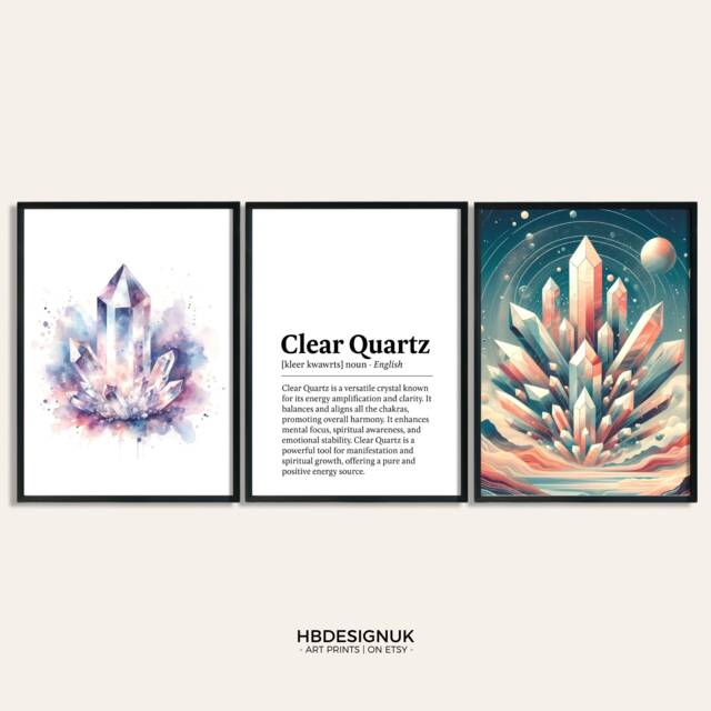Clear Quartz Crystal Print - Set Of 3 Posters - Watercolour Gemstone Mineralogy Meaning Paintings Gifts Design Decor Wall Art - image 1