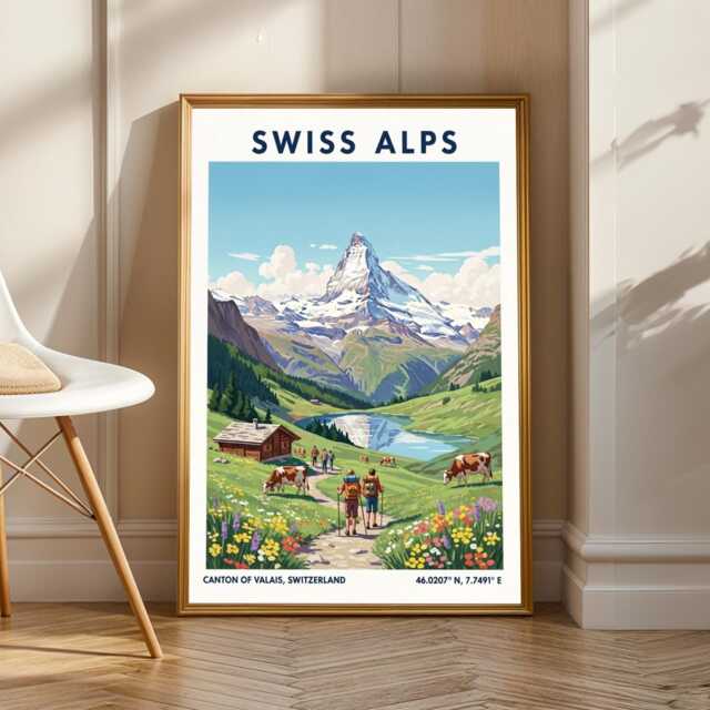 Matterhorn Swiss Alps Poster Vintage Gouache Travel Art - image 1