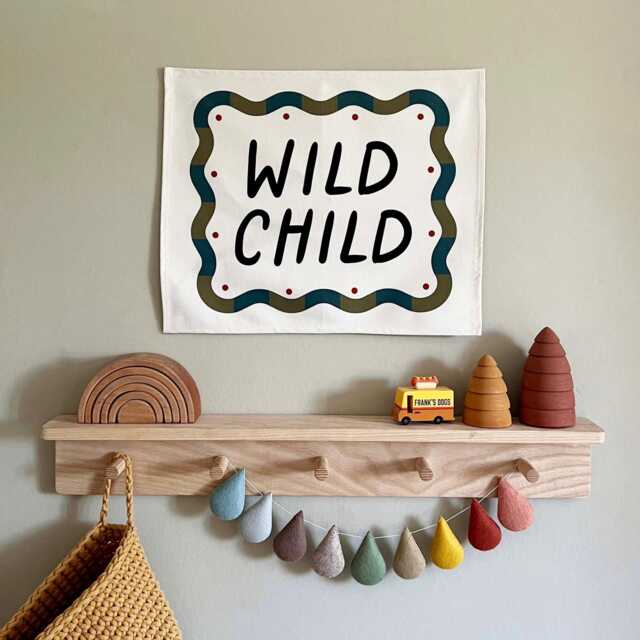 Wild Child Banner, Organic Cotton Kids Wall Decor, Natural Nursery Hanging, Modern Boys Bedroom Neutral Room - image 1